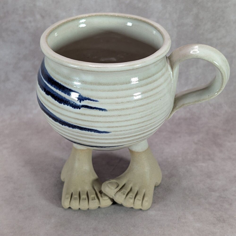 Vintage 1984 Muddy Waters Pottery Bare Feet Coffee Mug Blue Stripe Stoneware Cup